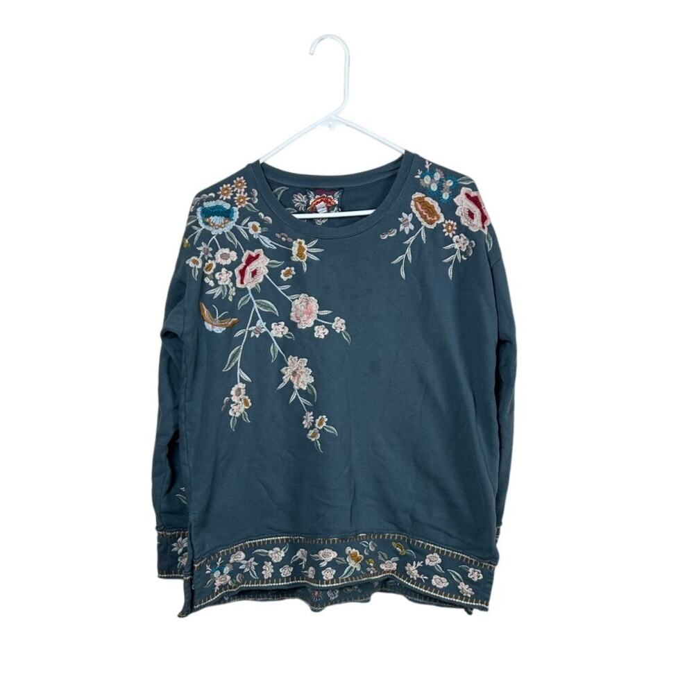 Johnny Was Blue/Gray Embroidered Floral Sweatshirt Top size M